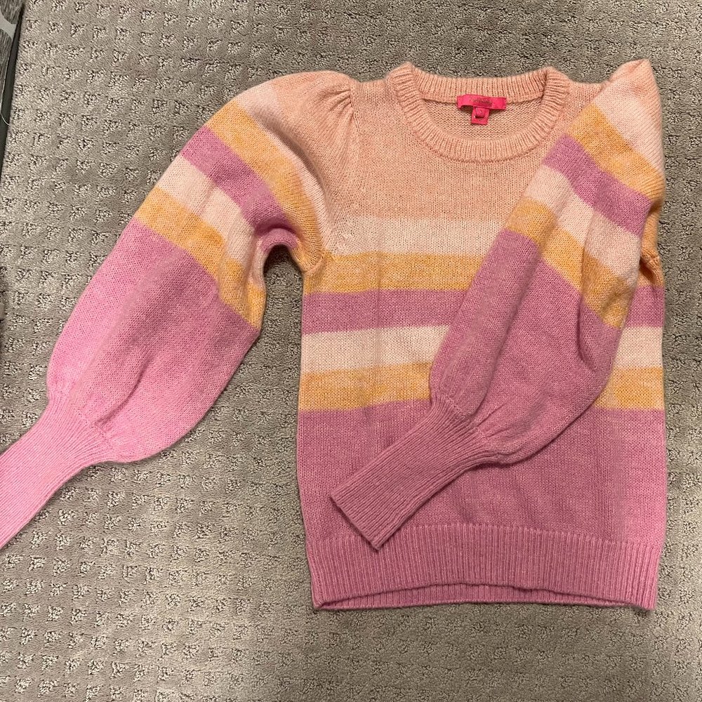 Lilly Pulitzer Sweater Ombre Pink, Orange Crew Neck Puff Sleeve Knit Sweater